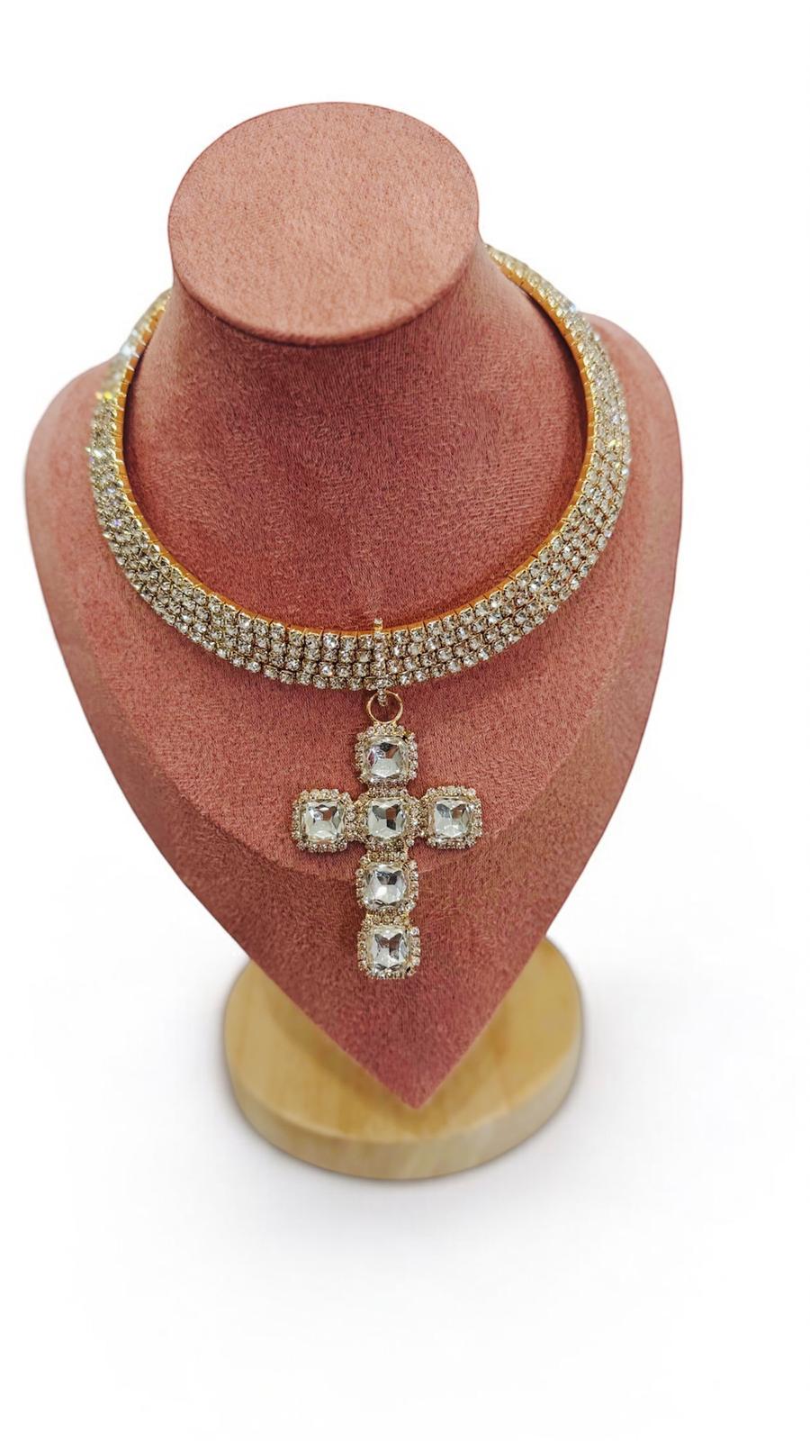 Collana Choker Cristalli Gold con Croce